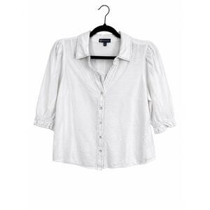 Democracy Womens PLarge White Puff Sleeve Snap Blouse Boho Coastal Cowgirl Rayon